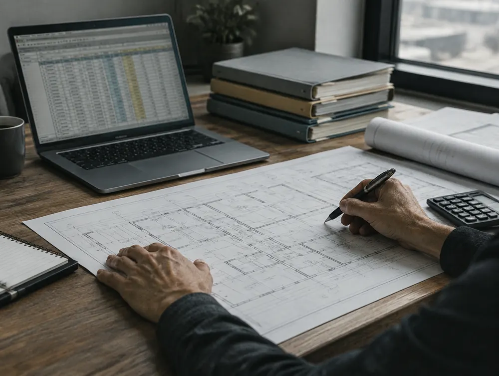 Hands marking up a floor plan next to a laptop