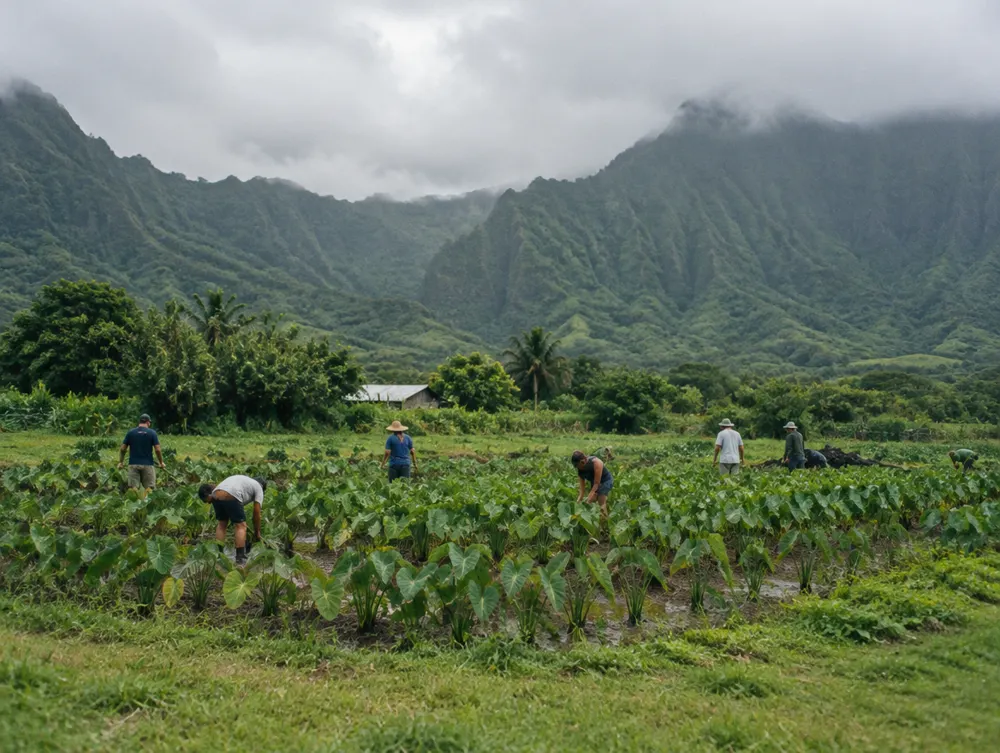 Volunteers working in a taro garden