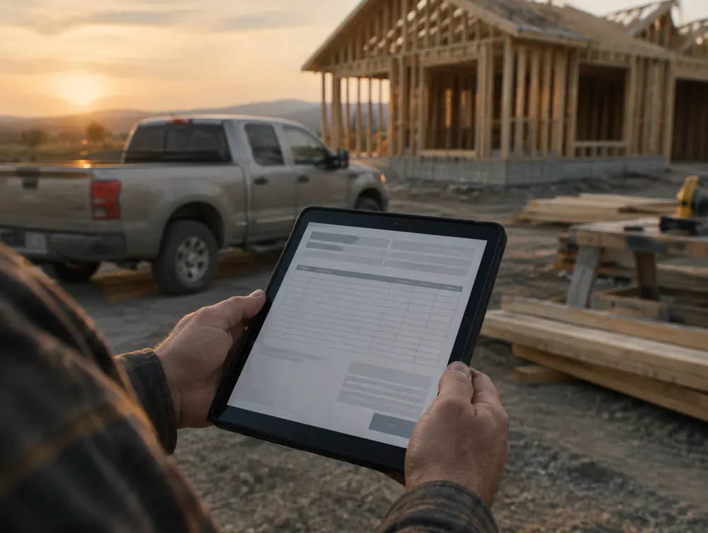 Contractor checking a proposal on a tablet at a job site