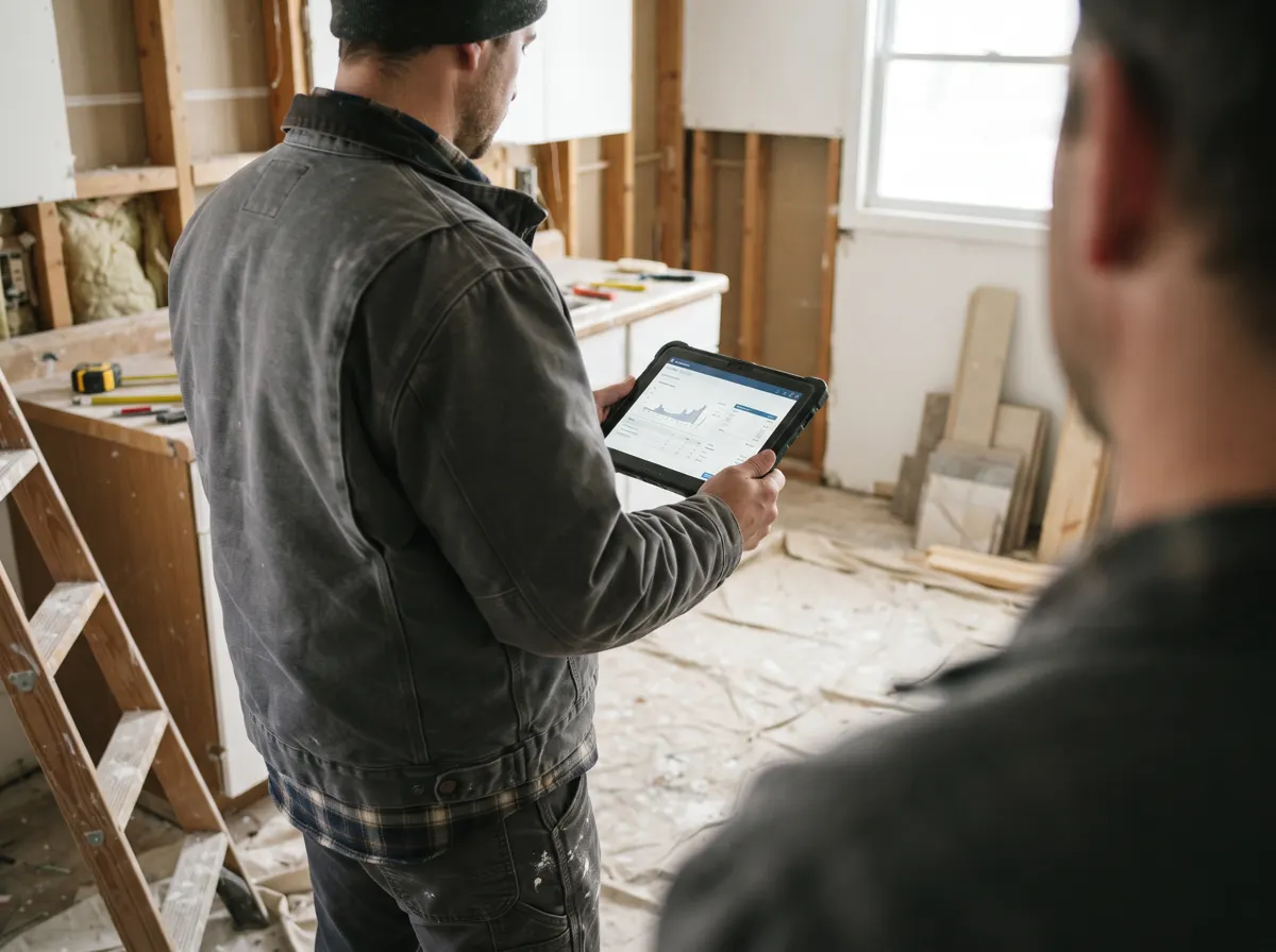 Two people reviewing a job on a tablet