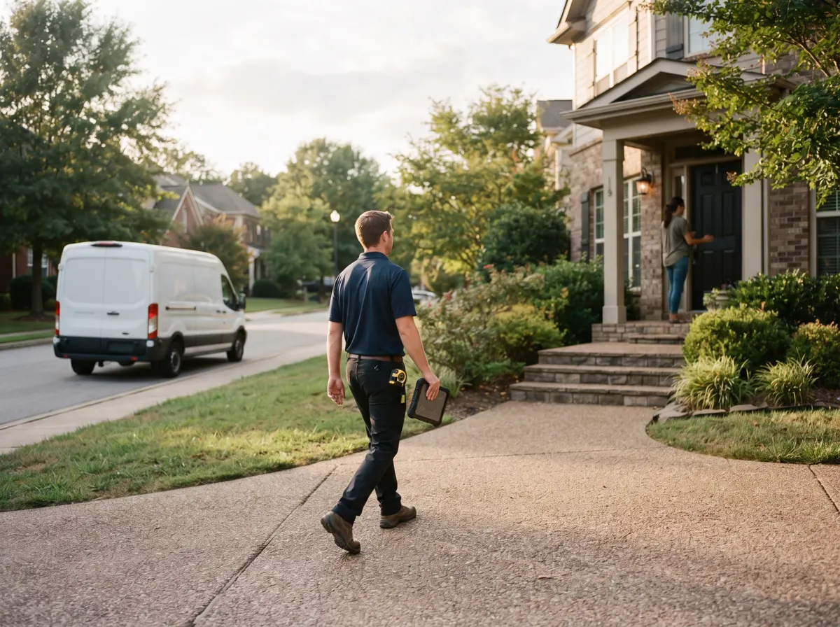 Technician walking up to a client's front door