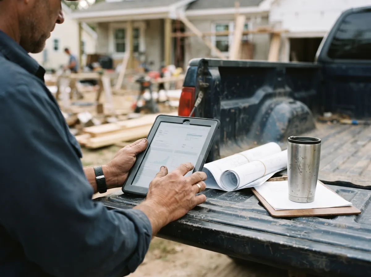 Contractor reviewing a proposal on a tablet at the tailgate of a truck