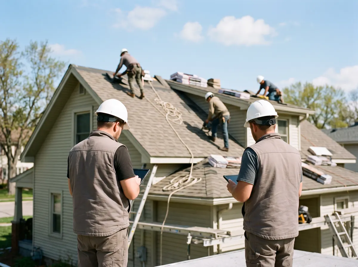 Two people checking a roofing job on tablets