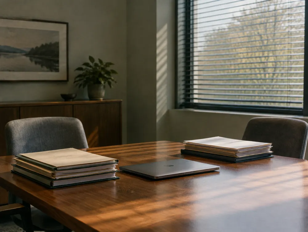 Quiet office conference room with stacked documents