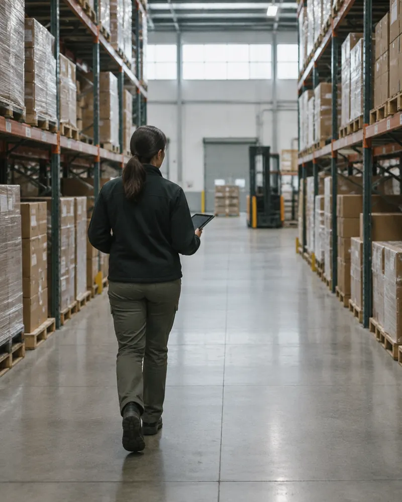 Operations lead walking a warehouse aisle with a tablet