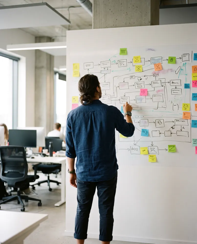 Person mapping a process on a whiteboard
