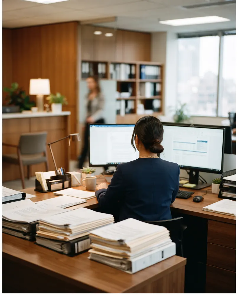 Office worker at a desk stacked with paperwork