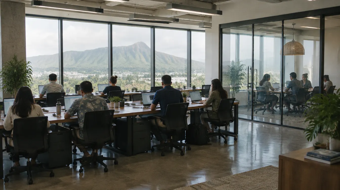 Team working in an office with a view of the mountains